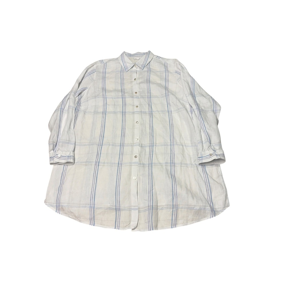 J.Jill Love Linen Plaid Tunic Shirt Womens 2X White Blue Button Down WTP051964